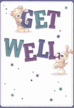 This bright and joyful get well card is alive with warmth and playful optimism. Two endearing characters-a teddy bear with sumptuous, shaggy fur and a puppy with silky, floppy ears-appear to leap from the card, each joyfully nestled among the oversized, multi-coloured letters spelling out 'Get Well.' The indigo and teal tones in the bold text are set against a soothing cream background, their vibrancy recalling the cheerful flower stalls spotted near Stockwell station. Sprinklings of blue and purple stars twinkle playfully throughout, echoing the magical, hopeful air of a fresh bouquet designed for a Stockwell friend in need of encouragement. The soft textures of the illustrated animals are almost tangible, as if their gentle embrace could bring the same comfort as a lovingly prepared bouquet from Stockwell Flowers. This card carries more than just well-wishes; it's a visual expression of heartfelt kindness-an emotional salve perfectly crafted for delivering genuine support to someone recovering in SW9, making every detail a source of reassurance for the Stockwell community.